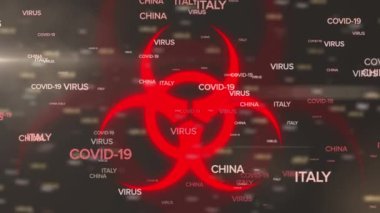 Siyah arkaplanda uyarı işareti üzerine çoklu çoklu çoklu covid 19 metin düşüşü animasyonu. küresel covid 19 salgın konsepti dijital olarak oluşturulmuş video.