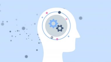 Mavi arka planda dönen dişlilerle kafanın üzerindeki noktaların animasyonu. küresel bilim ve tıp konsepti dijital olarak üretilen video.