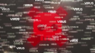 Siyah arkaplanda uyarı işareti üzerine çoklu çoklu çoklu covid 19 metin düşüşü animasyonu. küresel covid 19 salgın konsepti dijital olarak oluşturulmuş video.