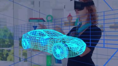 VR kulaklık kullanan bir kadının üzerine dijital 3D araba çizimi animasyonu. küresel mühendislik, araba tasarımı, bağlantılar ve dijital arayüz konsepti dijital olarak oluşturulmuş video.