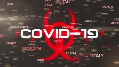 Siyah arkaplandaki uyarı işareti üzerine çovid 19 metnin animasyonu. küresel covid 19 salgın konsepti dijital olarak oluşturulmuş video.