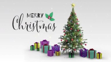 Noel ağacı üzerine yazılmış mutlu noel mesajlarının animasyonu. Noel, gelenek ve kutlama konsepti dijital olarak oluşturuldu.