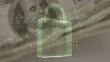 Banknotların üzerinde veri işleme ve asma kilit hareketlerinin animasyonu. küresel iş, finans, teknoloji ve bağlantılar konsepti dijital olarak oluşturulmuş video.