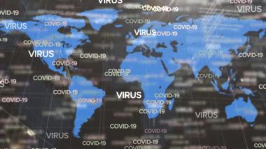 Kara zemin üzerinde dünya haritası üzerinde çoklu çoklu çoklu covid 19 metin düşme animasyonu. küresel covid 19 salgın konsepti dijital olarak oluşturulmuş video.