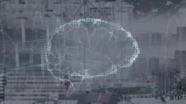 Şehrin üzerinde dönen bir beynin animasyonu. küresel bağlantılar, iş dünyası, dijital arayüz, teknoloji ve ağ konsepti dijital olarak oluşturulmuş video.