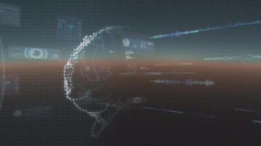 Hareket eden ekranlardaki veri işleme üzerinde beyin animasyonu. küresel bağlantılar, iş dünyası, dijital arayüz, teknoloji ve ağ konsepti dijital olarak oluşturulmuş video.