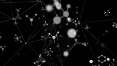 Moleküllerin animasyonu ve siyah arkaplan üzerindeki bağlantı ağı. küresel bağlantılar, veri işleme ve dijital arayüz konsepti dijital olarak oluşturulmuş video.