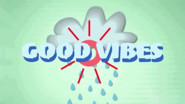 Yeşil arka planda yağmurlu bulutların üzerindeki iyi titreşimlerin animasyonu. küresel sosyal medya, bağlantılar ve dijital arayüz konsepti dijital olarak oluşturulmuş video.