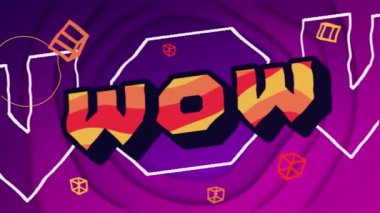 Eflatun arkaplandaki şekiller yerine wow metninin animasyonu. küresel sosyal medya, bağlantılar ve dijital arayüz konsepti dijital olarak oluşturulmuş video.