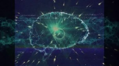 Dönen beyin üzerine düşen konfeti animasyonu. küresel tıp ve dijital arayüz kavramı dijital olarak üretilen video.