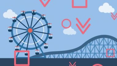 Eğlence parkına düşen pembe şekillerin animasyonu. renk, hareket ve enerji arkaplan kavramı, dijital olarak oluşturulmuş video.