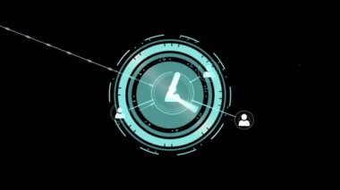 Siyah arkaplanda hareket eden simgeler ve saatlerle bağlantı ağının animasyonu. küresel bağlantılar, veri işleme ve dijital arayüz konsepti dijital olarak oluşturulmuş video.