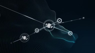 Siyah arkaplanda kullanıcı simgelerinin bağlantı ağının animasyonu. küresel bağlantılar, teknoloji ve dijital arayüz konsepti dijital olarak oluşturulmuş video.