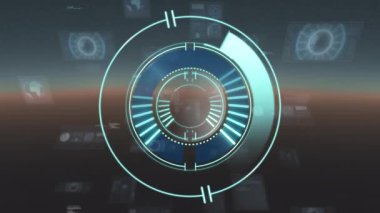 Hareket eden ekranlardaki veri işleme üzerinde tarama kapsamı animasyonu. küresel bağlantılar, iş dünyası, dijital arayüz, teknoloji ve ağ konsepti dijital olarak oluşturulmuş video.