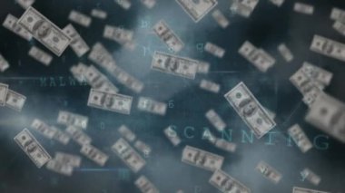 Banknotlar üzerinde veri işleme animasyonu. küresel bağlantılar, veri işleme ve dijital arayüz konsepti dijital olarak oluşturulmuş video.