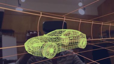 VR kulaklık kullanan bir kadının üzerine dijital 3D araba çizimi animasyonu. küresel mühendislik, araba tasarımı, bağlantılar ve dijital arayüz konsepti dijital olarak oluşturulmuş video.
