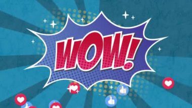 Medya simgeleri üzerinde wow metin animasyonu. Sosyal medya ve iletişim arayüzü kavramı dijital olarak oluşturulmuş video.