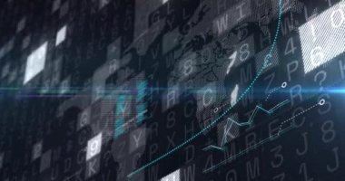 Finansal grafiğin karanlık arka plandaki veri işleme üzerindeki animasyonu. küresel bağlantılar, iş dünyası, dijital arayüz, teknoloji ve ağ konsepti dijital olarak oluşturulmuş video.
