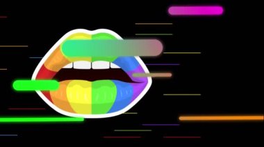 Siyah arkaplandaki gökkuşağı dudaklarının üzerindeki renkli çizgilerin animasyonu. lgbt haklarını ve dijital olarak oluşturulan cinsiyet eşitliğini desteklemek.
