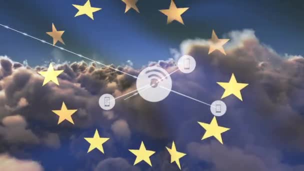 Animación Red Conexión Iconos Sobre Bandera Cielo Nublado Concepto Redes — Vídeos de Stock