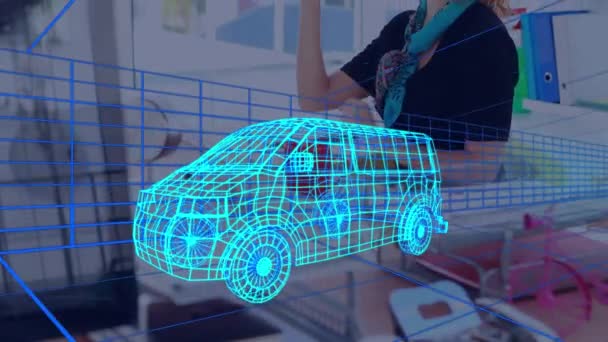 Animacja Cyfrowego Rysunku Samochodu Nad Kobietą Pomocą Zestawu Słuchawkowego Globalna — Wideo stockowe