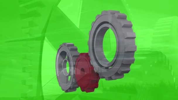 Animation Gears Rotating Mechanism Green Background Global Business Digital Interface — Stockvideo