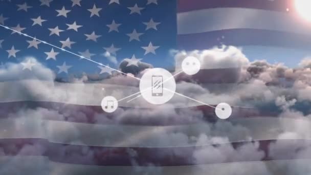 Animation Network Connection Icons Usa Flag Cloudy Sky Social Media — Stock Video