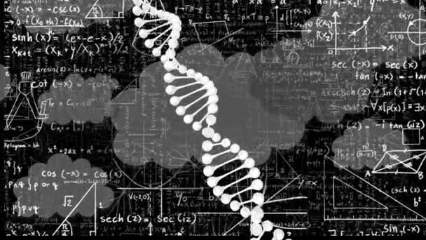 Animation Dna Chain Clouds Math Formulas Black Background Global Science — Stock Video