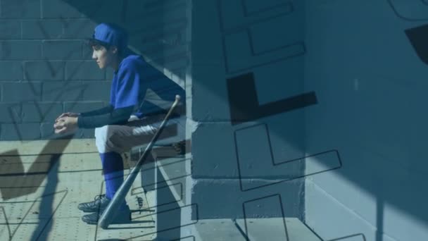 Animation Level Texts Caucasian Male Baseball Player Holding Ball Global — Stockvideo
