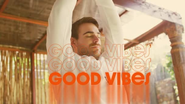 Animation Good Vibes Text Caucasian Man Meditating Healthy Active Lifestyle — Stockvideo
