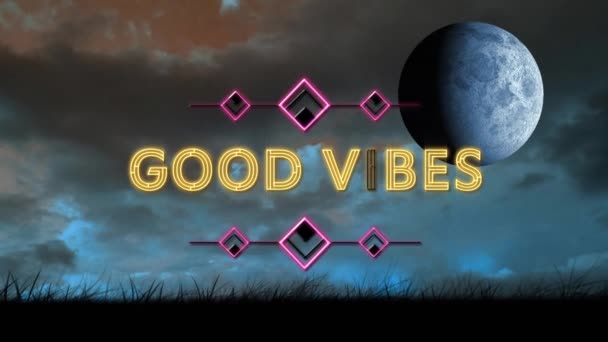 Animación Buenas Vibraciones Texto Sobre Cielo Con Luna Las Nubes — Vídeos de Stock