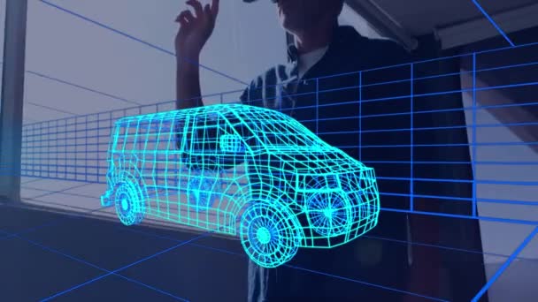 Animacja Cyfrowego Rysunku Samochodu Nad Człowiekiem Pomocą Zestawu Słuchawkowego Globalna — Wideo stockowe