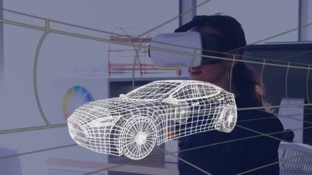 Animacja Cyfrowego Rysunku Samochodu Nad Kobietą Pomocą Zestawu Słuchawkowego Globalna — Wideo stockowe