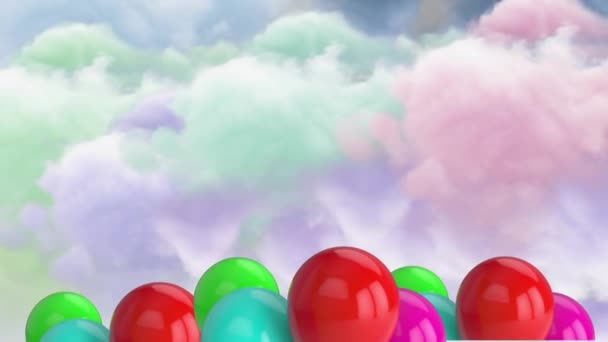 Анимация Разноцветных Воздушных Шаров Плавающих Над Облаками День Рождения Вечеринка — стоковое видео