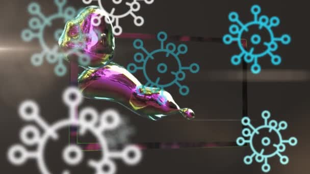 Animacja Spadających Komórek Covid Nad Poruszającymi Się Kształtami Czarnym Tle — Wideo stockowe