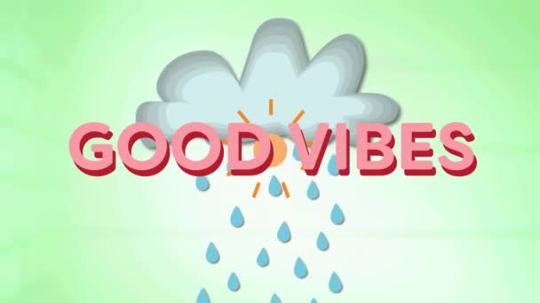 Animation Good Vibes Text Cloud Rain Green Background Global Social — Stockvideo
