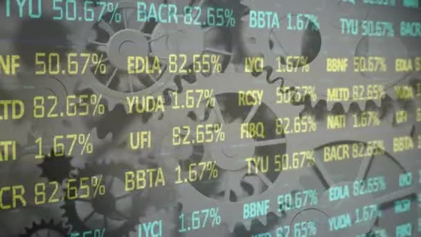 Animación Datos Bursátiles Sobre Engranajes Giratorios Gris Negocios Globales Finanzas — Vídeos de Stock