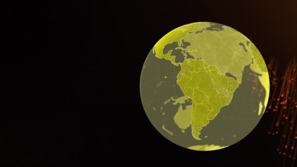 黒を背景に回転する地球と花火のアニメーション 世界規模の接続技術とデジタルインターフェースの概念デジタルで生成されたビデオ — ストック動画