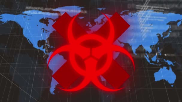 Animation Warning Sign World Map Black Background Global Covid Pandemic — Stockvideo
