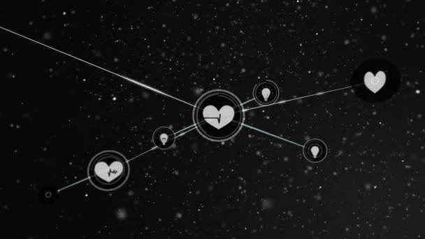 Κινούμενο Σχέδιο Δικτύου Συνδέσεων Εικονιδίων Καρδιακού Ρυθμού Μαύρο Φόντο Παγκόσμιες — Αρχείο Βίντεο