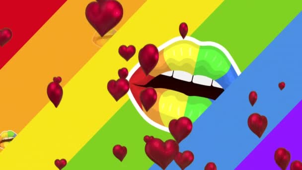 Animation Floating Hearts Rainbow Flag Lips Supporting Lgbt Rights Gender — Stock Video