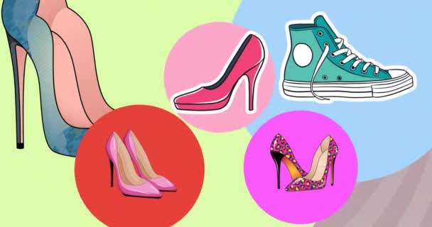 Animación Zapatos Caídos Sobre Fondo Rayas Púrpura Concepto Compras Venta — Vídeo de stock