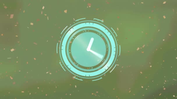 Animação Cair Confete Sobre Relógio Azul Fundo Verde Conceito Celebração — Vídeo de Stock