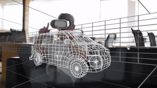 用Vr耳机对数字3D人车图进行动画制作 全球工程 汽车设计 连接和数字视频接口概念 — 图库视频影像