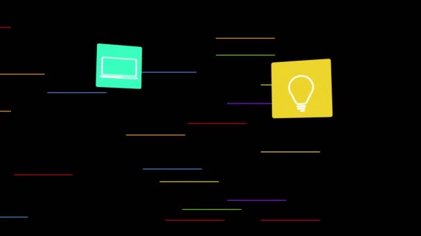 Animation Colorful Lines Squares Icons Black Background Global Connections Technology — Stockvideo