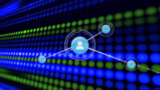 緑と青のドットで黒の背景に電子メールアイコンの接続のネットワークのアニメーション 世界規模の接続 データ処理 テクノロジーの概念デジタルで生成されたビデオ — ストック動画
