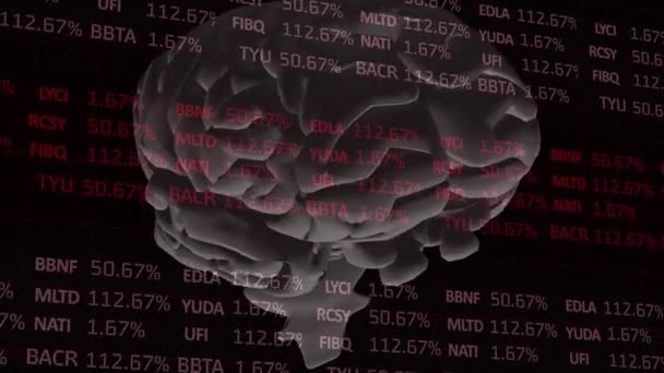 Animação Dados Mercado Ações Sobre Cérebro Rotativo Fundo Preto Conceito — Vídeo de Stock