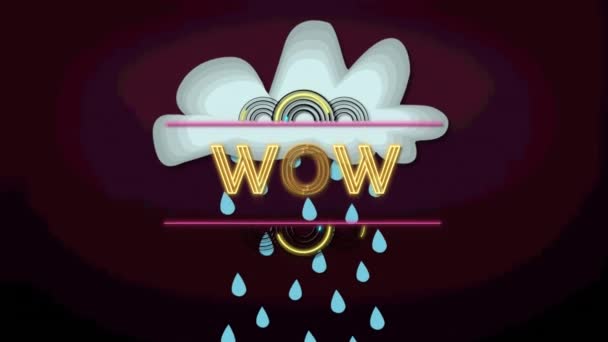 Animation Des Wow Textes Über Wolken Mit Regen Auf Violettem — Stockvideo