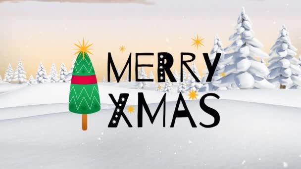 Animation Merry Christmas Text Winter Landcape Christmas Tradition Celebration Concept — 图库视频影像