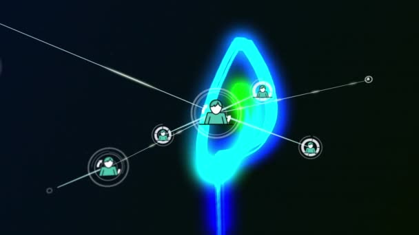 Animacja Sieci Połączeń Ikon Użytkownika Czarnym Tle Niebieskimi Zielonymi Światłami — Wideo stockowe